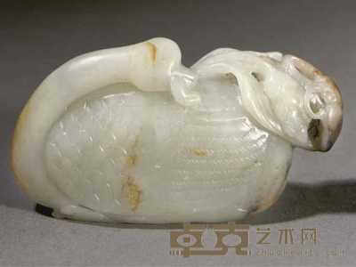 18th Century A celadon and russet jade model of a duck 